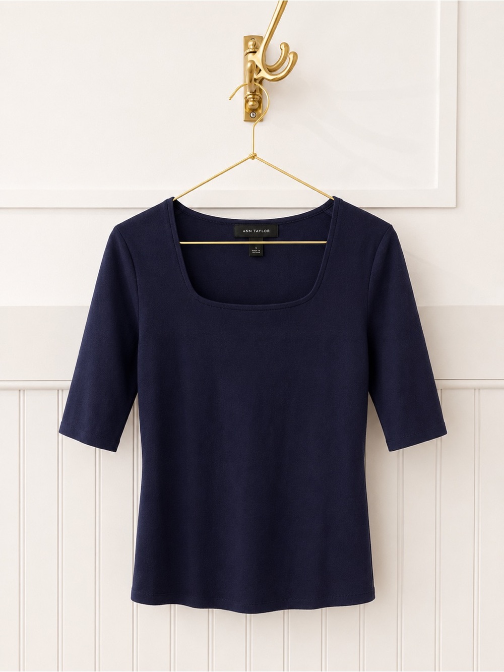 Ann Taylor Navy Square Neck Elbow Sleeve Knit Top